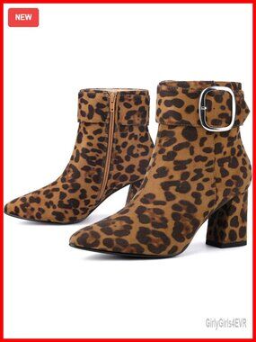 Faux Suede Pointed Toe Chunky Heel Ankle Booties with Square Buckle